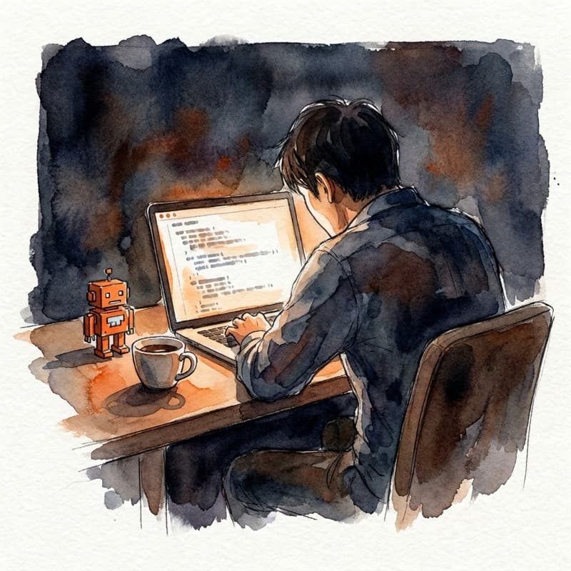 夜のデスクでノートPCに向かって作業する後ろ姿の手描き水彩イラスト
